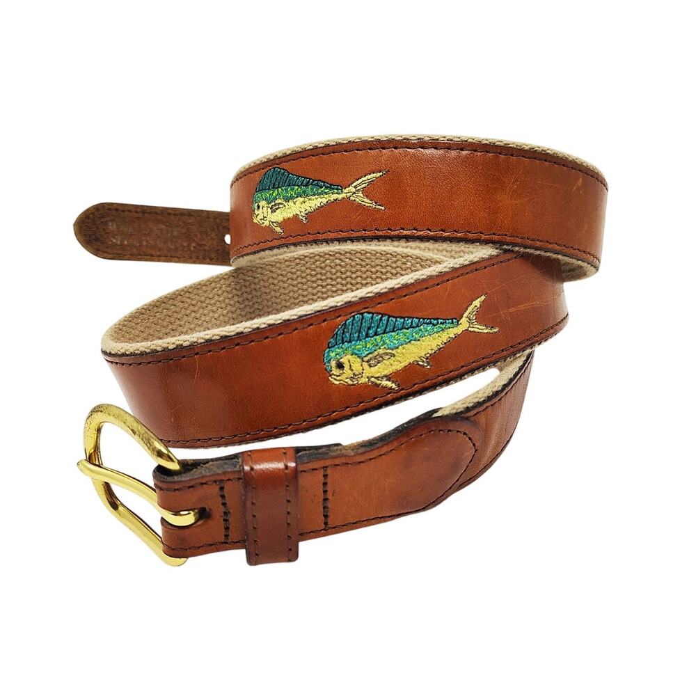 Mens 44 Belt Mahi Mahi Bull Dolphin Leather Brown Fishing Outdoors